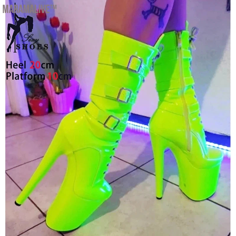 Black Fashionable Women's Ankle Boots with Round Toe Side Zip Short Boots for Pole Dance Platform Heels Three Belt Buckle