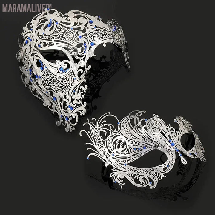 Black Gold Skull Metal Mask Halloween Rhinestone Half Face Venetian Masquerade Men White Women Skull Filigree Party Mask