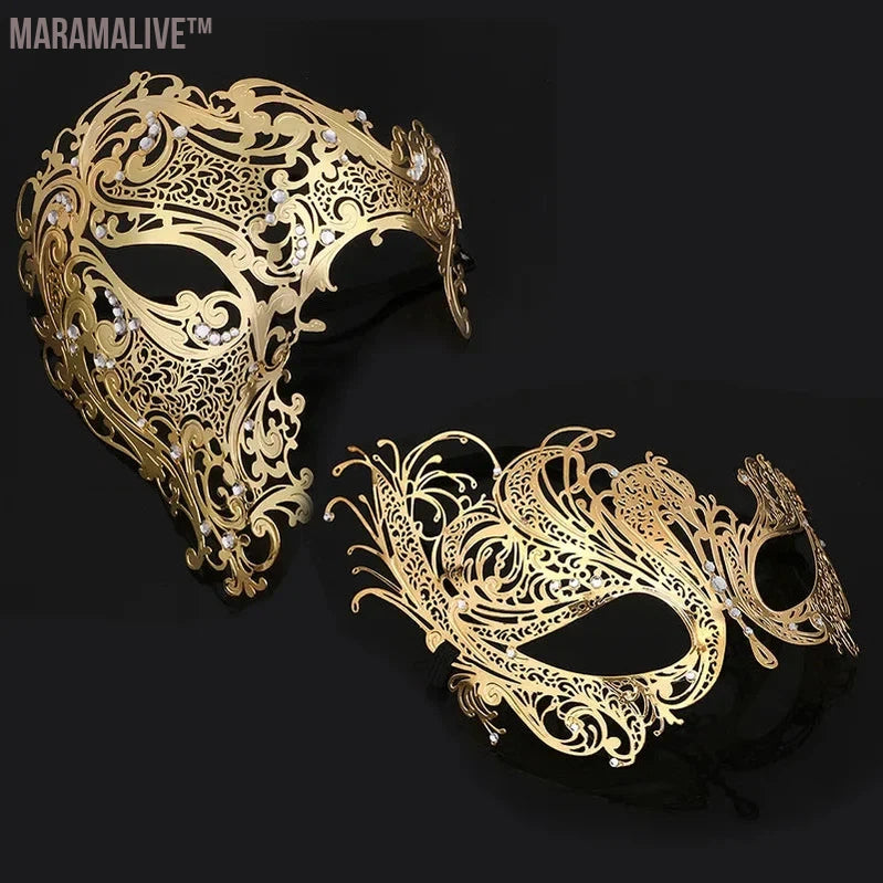 Black Gold Skull Metal Mask Halloween Rhinestone Half Face Venetian Masquerade Men White Women Skull Filigree Party Mask