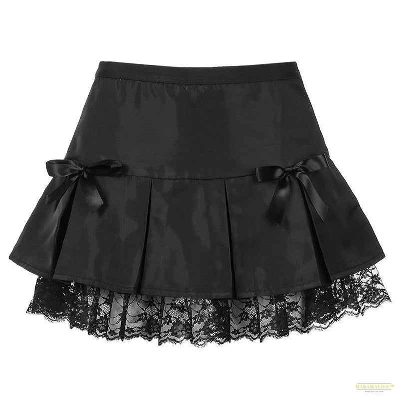 Black Goth Aesthetic Pleated Skirts Women Lace Trim Dance Maramalive™