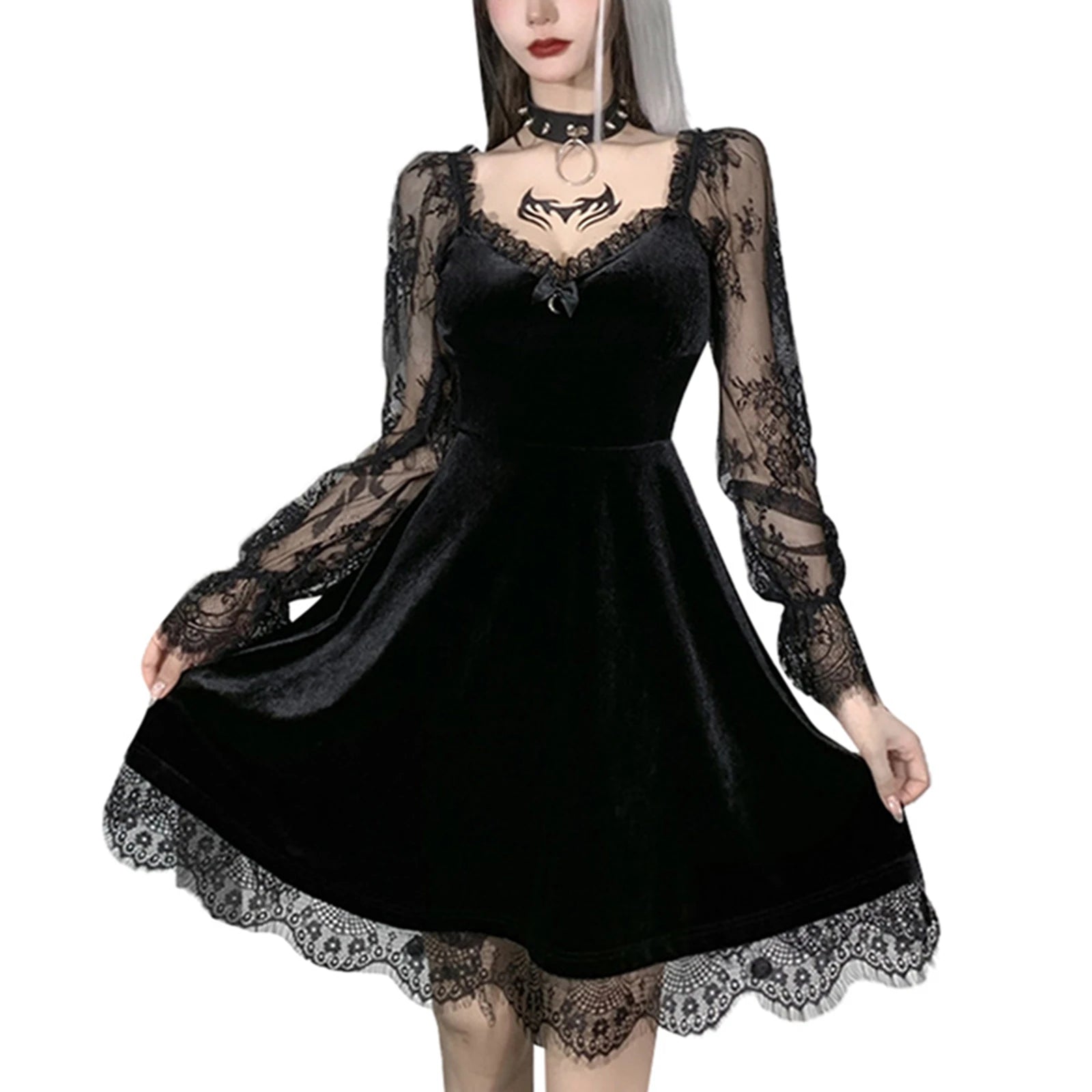 Black Gothic Lolita Style Dress for Women Lace Trim High Waist Bodycon Vestidos E-girl 90s Vintage Punk Grunge Clothes