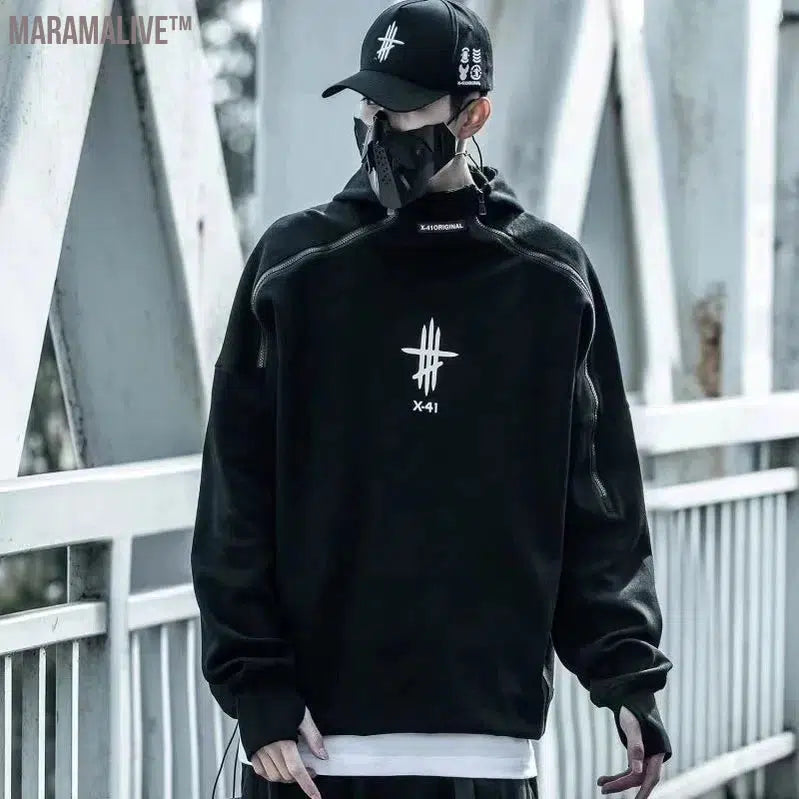 Black Irregular Zipper Hoodie Men Harajuku Hip Hop Streetwear Hoodie Sweatshirts 2022 Spring Cotton Pullover Oversized