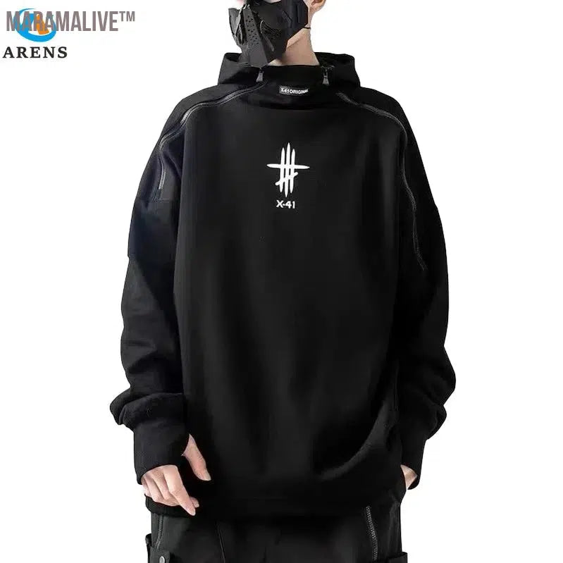 Black Irregular Zipper Hoodie Men Harajuku Hip Hop Streetwear Hoodie Sweatshirts 2022 Spring Cotton Pullover Oversized