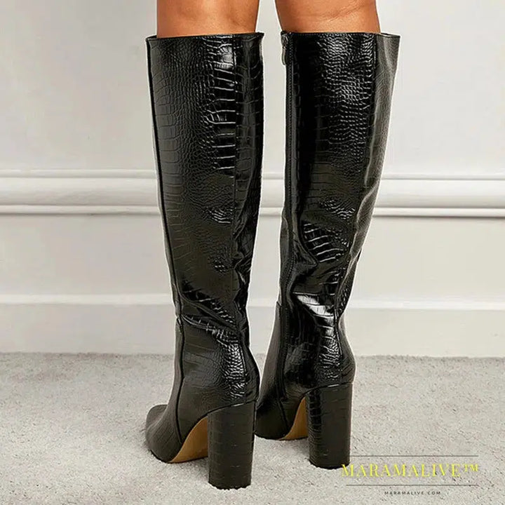 Black Knee High Boots Women Square Heels Casual Winter Motorcycle Long Shoes Pointed Toe Zip Fashion Cool Knight Bootties