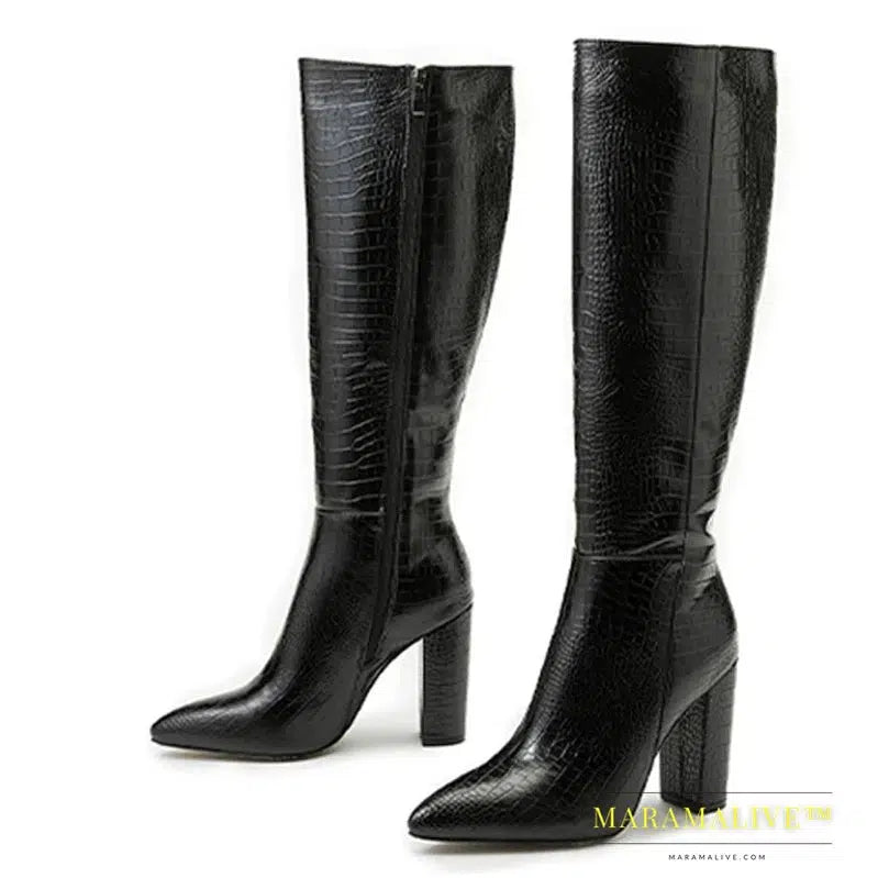 Black Knee High Boots Women Square Heels Casual Winter Motorcycle Long Shoes Pointed Toe Zip Fashion Cool Knight Bootties