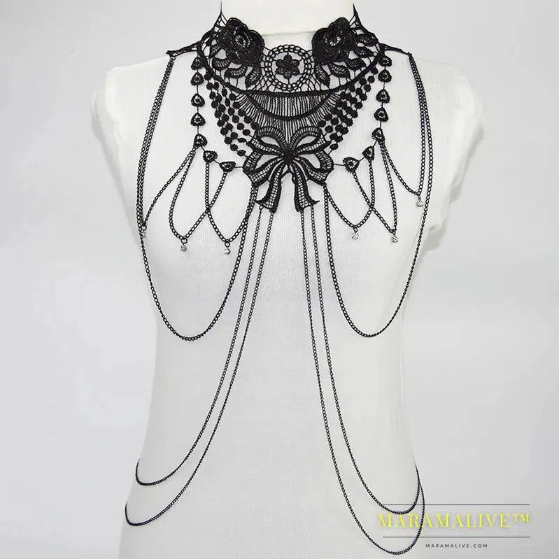 Black Lace Body Chain Jewelry Women's Cosplay Halloween Costumes Female Goth Accessories