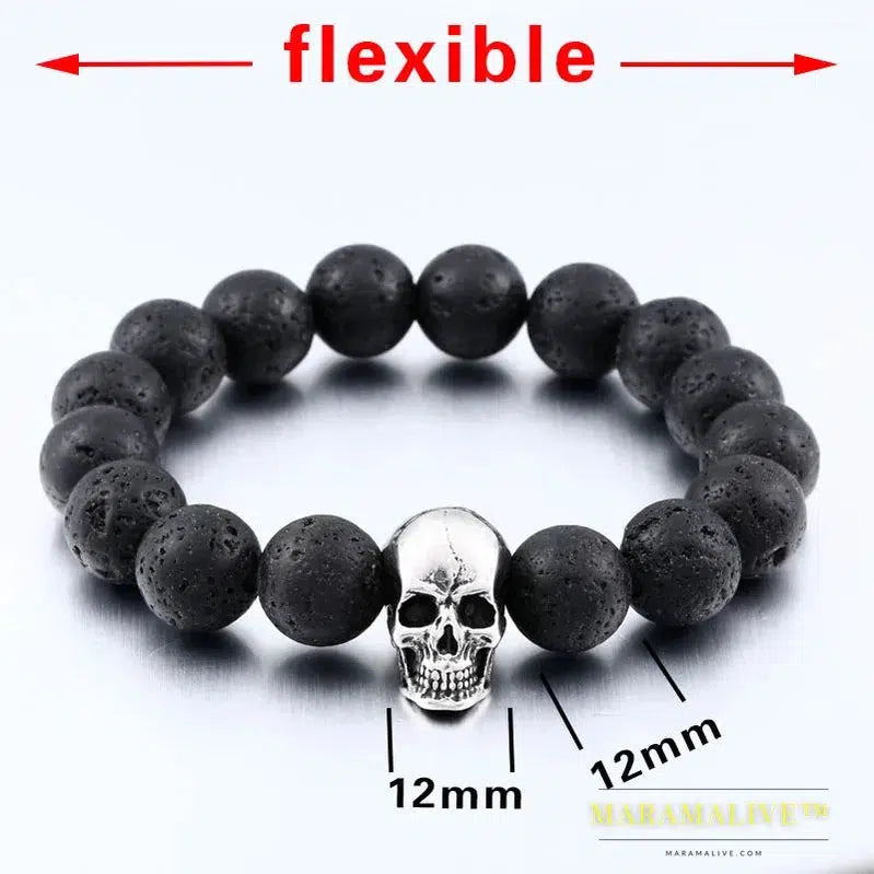 Black Lava Stone men Jewelry natural stones skull Charm bracelet bangle Punk rock jewelry