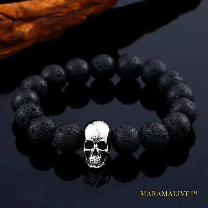 Black Lava Stone men Jewelry natural stones skull Charm bracelet bangle Punk rock jewelry