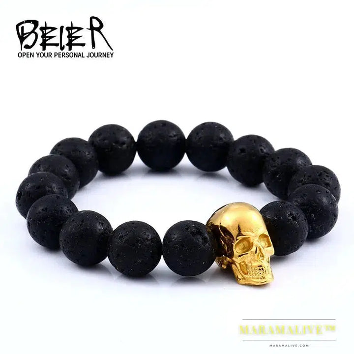 Black Lava Stone men Jewelry natural stones skull Charm bracelet bangle Punk rock jewelry