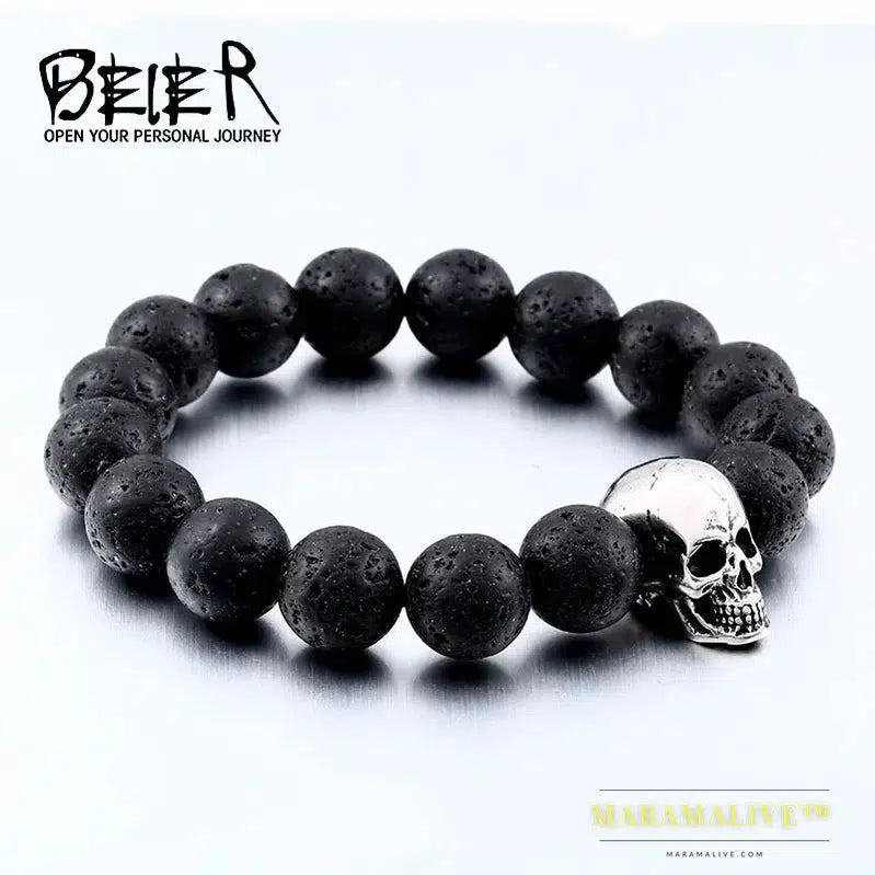 Black Lava Stone men Jewelry natural stones skull Charm bracelet bangle Punk rock jewelry