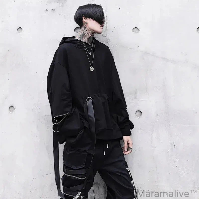 Black Men's Hoodies Goth Sweatshirt Hood Autumn Techwear Gothic Darkwear Hoodie Sweatshirts Streetwear Hip Hop Harajuku