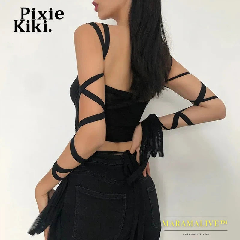 Black Mesh Lace Up Bandage Crop Top Fairy Grunge Aesthetic Clothes Cyber Y2k Mall Goth Tanks Sexy Clothing P94-BZ14