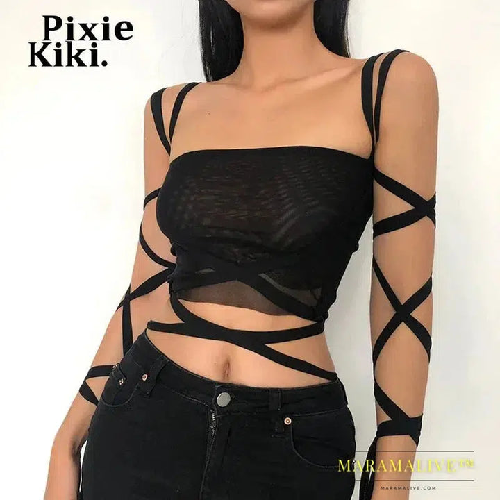 Black Mesh Lace Up Bandage Crop Top Fairy Grunge Aesthetic Clothes Cyber Y2k Mall Goth Tanks Sexy Clothing P94-BZ14