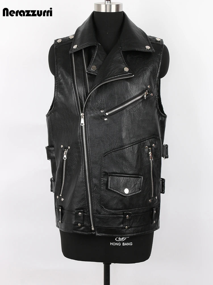 Black Motorcycle Pu Leather Vest Men Zipper Pockets Plus Size Faux Leather Biker Sleeveless Jacket 4xl 5xl