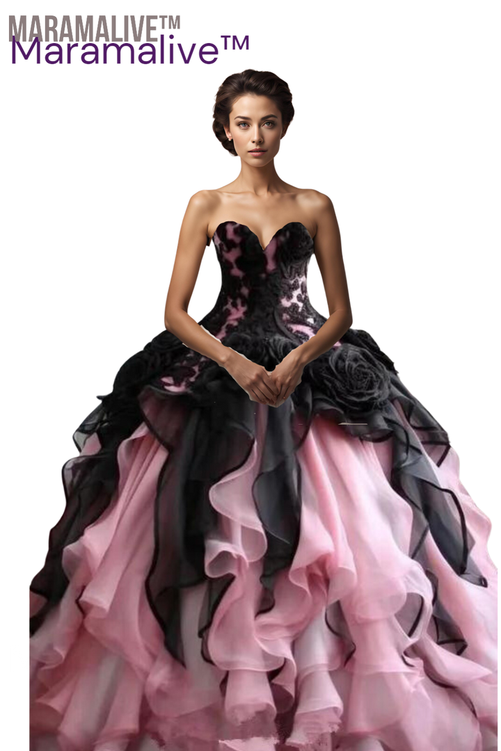 Black Pink Princess Fairy Prom Dresses Sweetheart Corset Lace-up Rose Floral Applique Evening Gown Masquerade Costume