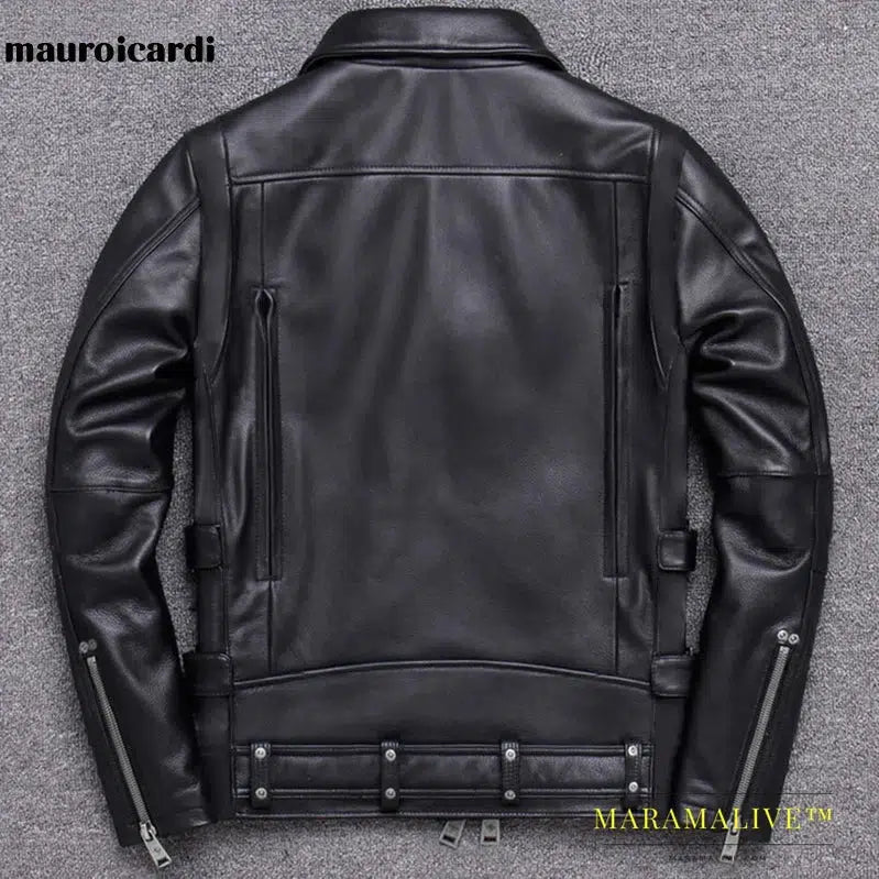 Black Pu Leather Motorcycle Jacket for Men Style Long Sleeve Zipper Pockets Mens Leather Jackets and Coats