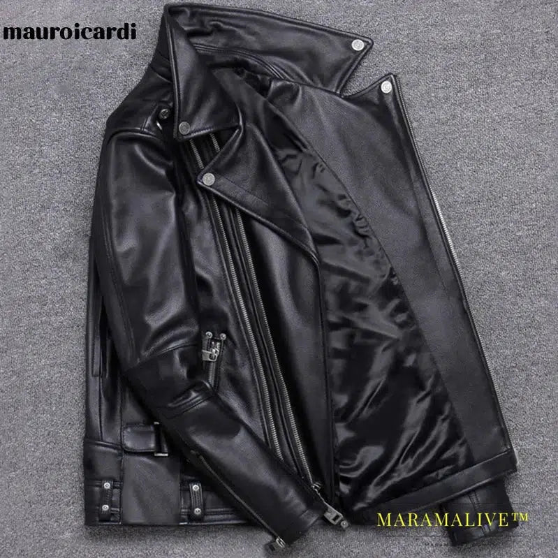 Black Pu Leather Motorcycle Jacket for Men Style Long Sleeve Zipper Pockets Mens Leather Jackets and Coats