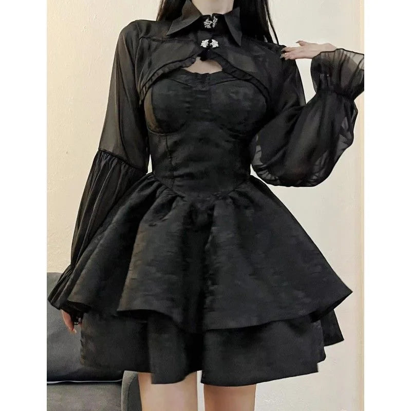 Black Sexy Lolita Dress Women Gothic Vintage Mini Dresses Halloween Cosplay Costumes Long Sleeve Fairy Dress Woman