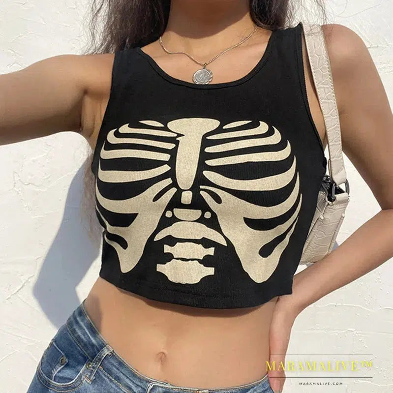 Black Tank Tops For Women Knitted Grunge Punk Goth Goat Head Print Vest Y2k Clothes Crop Top Summer Sexy Sleeveless O-neck Tanks