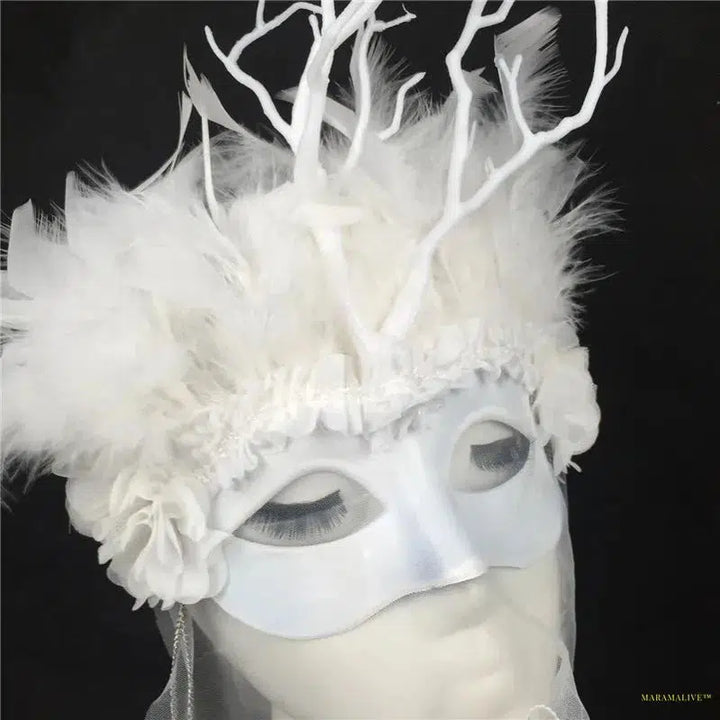 Black White Color Feather Girl Mask Branches Feather Headwear Party Cosplay Model Catwalk Makeup Props Accessories Face Veil