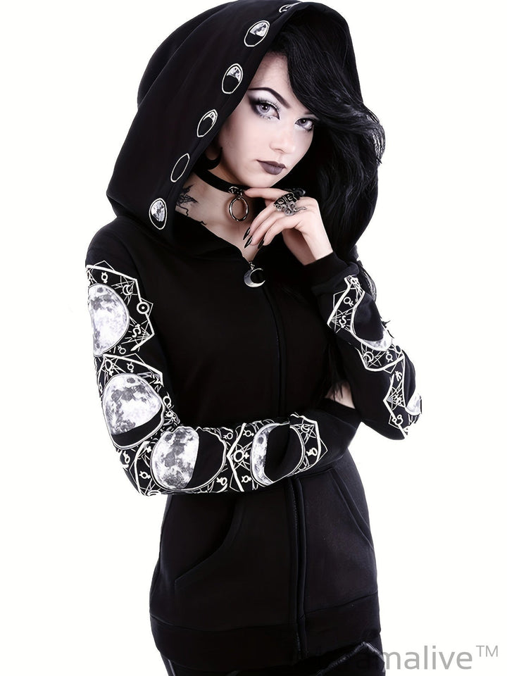 Black & White Moon Hoodie, Large Hooded Zip Up Front Pocket Sweater, Gothic Casual Tops, Women's Clothing