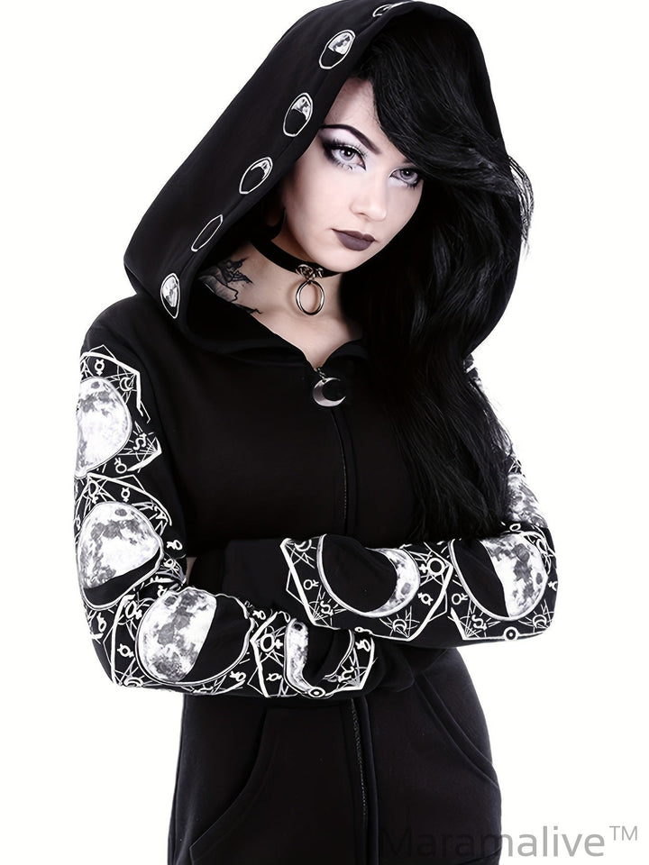 Black & White Moon Hoodie, Large Hooded Zip Up Front Pocket Sweater, Gothic Casual Tops, Women's Clothing