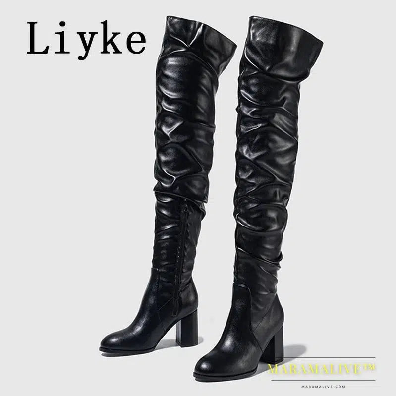 Black - Women's Boots Zip Over The Knee Thigh High Boots Fashion Pleated Leather Round Toe Square Heels Booties Shoes