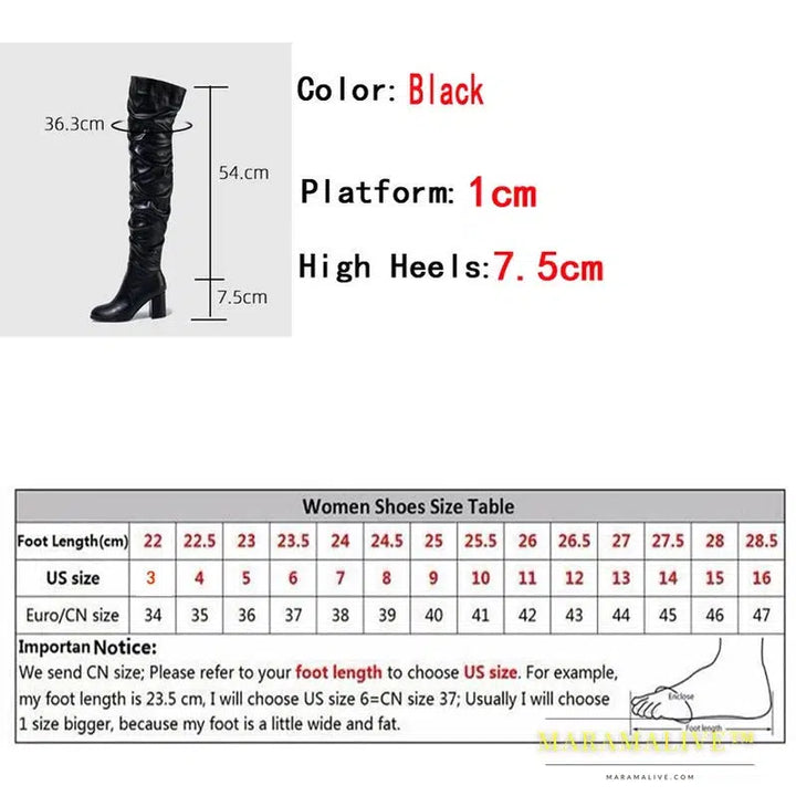 Black - Women's Boots Zip Over The Knee Thigh High Boots Fashion Pleated Leather Round Toe Square Heels Booties Shoes