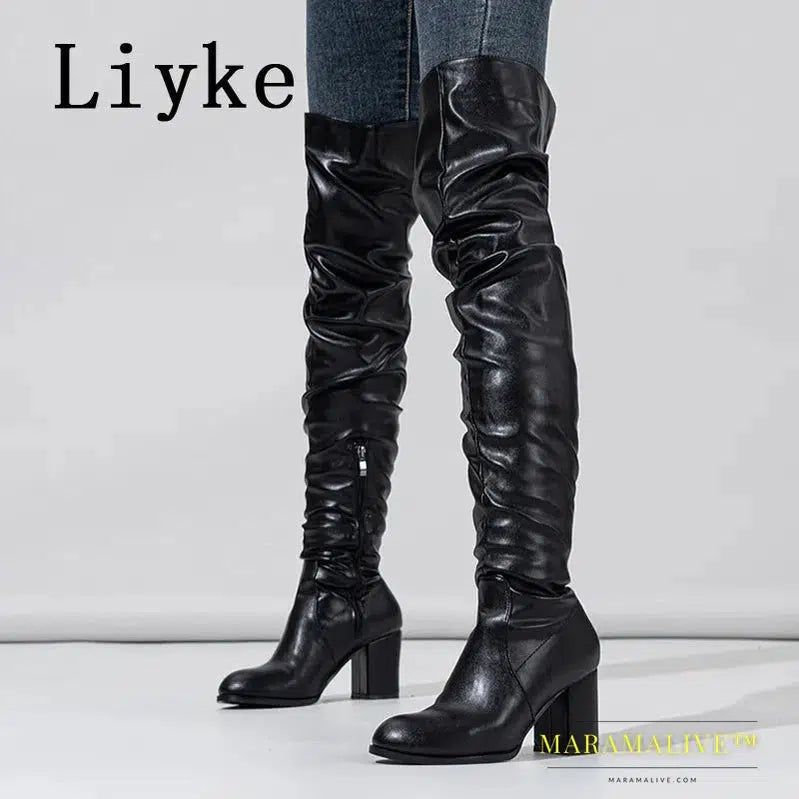 Black - Women's Boots Zip Over The Knee Thigh High Boots Fashion Pleated Leather Round Toe Square Heels Booties Shoes