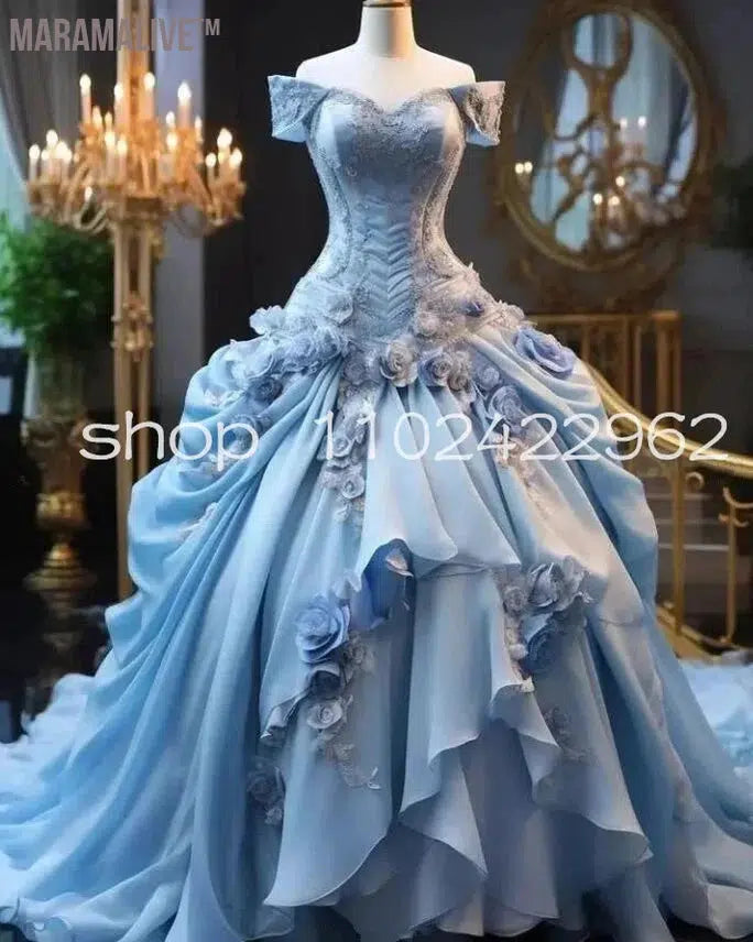 Blue Fairy Victorian Prom Dresses Off Shoulder 3D Floral Ruffles Bustle Ruched Fantastic Evening Gown Costume Movie