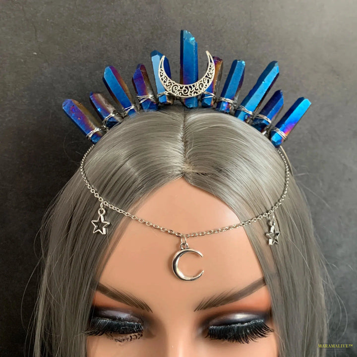 Blue titanium quartz crystal crown, witchy gothic mermaid festival boho alternative wedding moonchild crown tiara