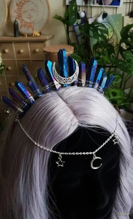 Blue titanium quartz crystal crown, witchy gothic mermaid festival boho alternative wedding moonchild crown tiara