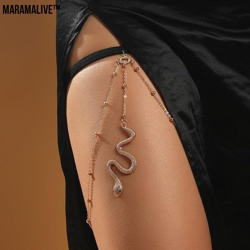 Bohemian Boho Gold Color Metal Beaded Chain Thigh Chain For Women Big Snake Pendants Leg Chain Body Jewelry Beach Style Gift