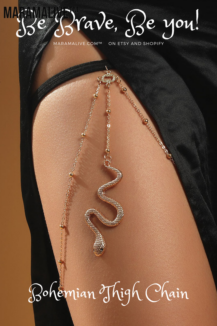 Bohemian Boho Gold Color Metal Beaded Chain Thigh Chain For Women Big Snake Pendants Leg Chain Body Jewelry Beach Style Gift