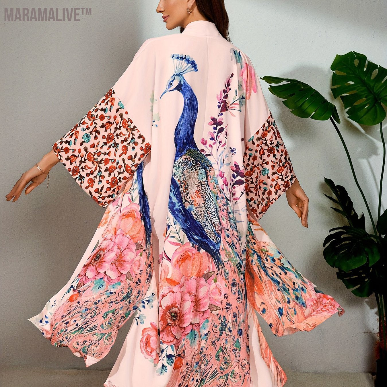 Bohemian Style Women's Peacock Print Beach Cover-Up With Belt, Long Sleeves Loose Fit Vacation Kimono