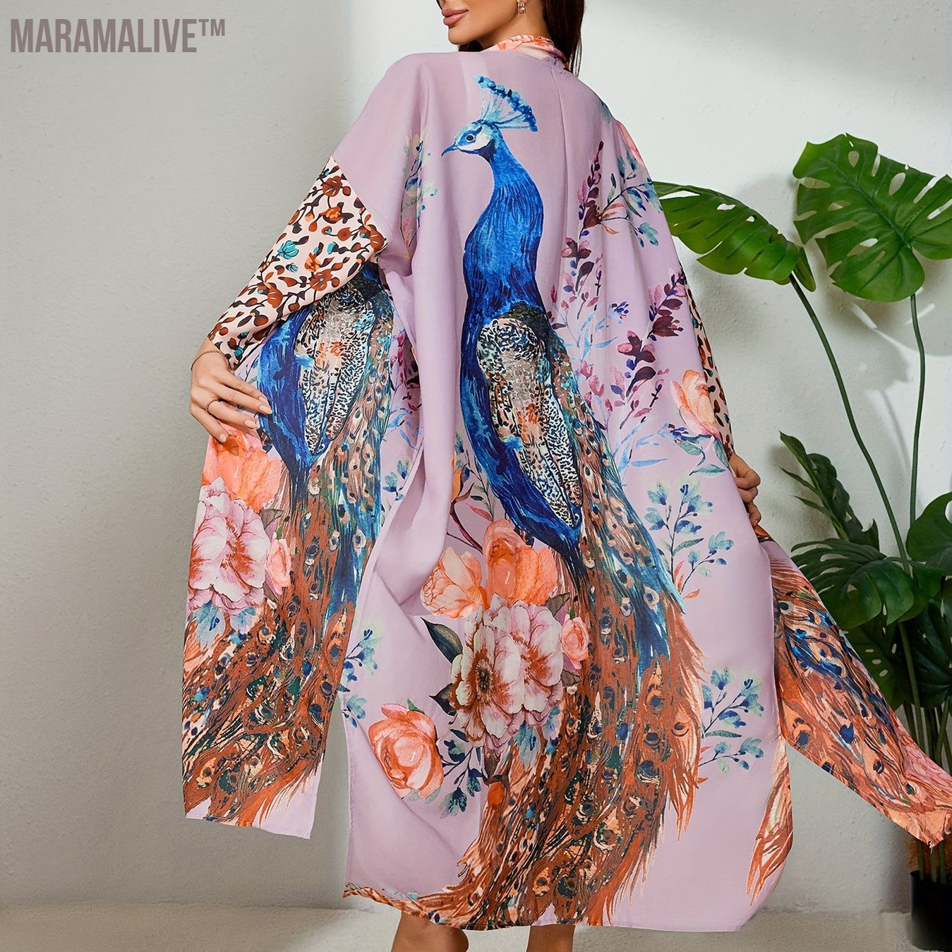 Bohemian Style Women's Peacock Print Beach Cover-Up With Belt, Long Sleeves Loose Fit Vacation Kimono