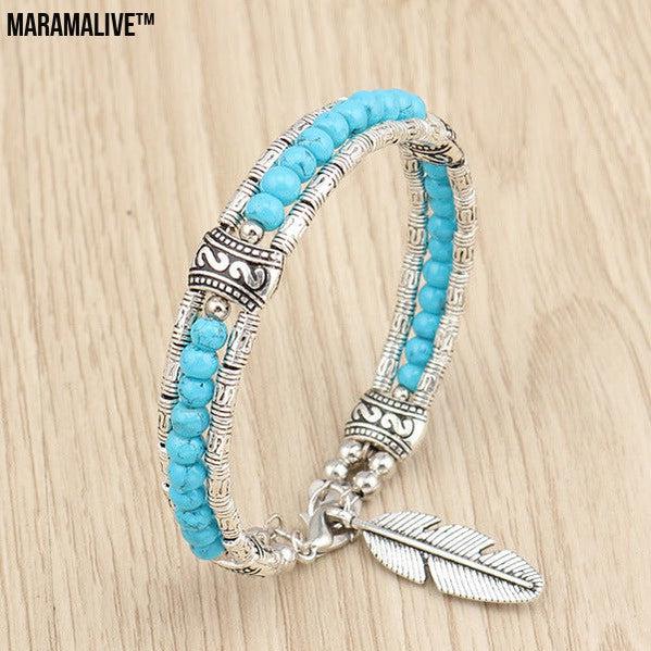 Boho Charm Bracelet made with Alloy Turquoise and alloy Feather Bracelet