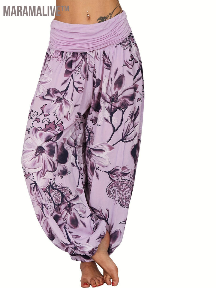 Boho Floral Print Ruched Harem Pants, Casual Bohemian Pants For Spring & Summer, Women's Clothing