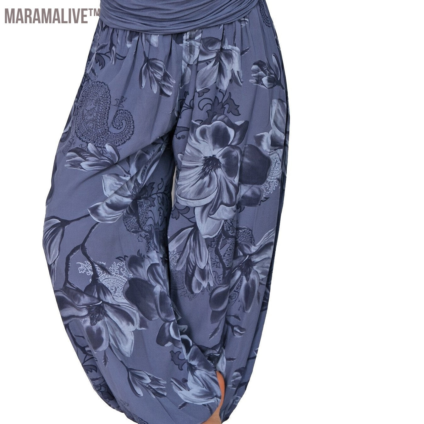 Boho Floral Print Ruched Harem Pants, Casual Bohemian Pants For Spring & Summer, Women's Clothing