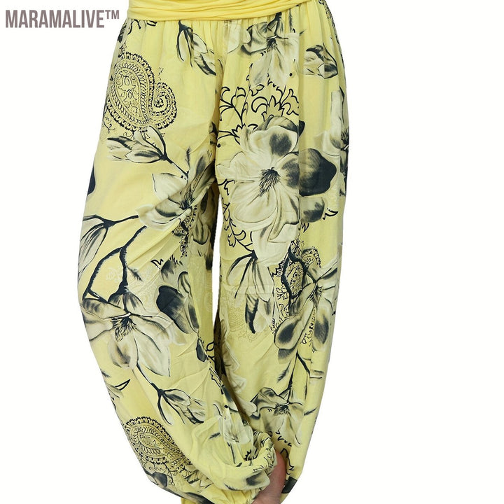 Boho Floral Print Ruched Harem Pants, Casual Bohemian Pants For Spring & Summer, Women's Clothing