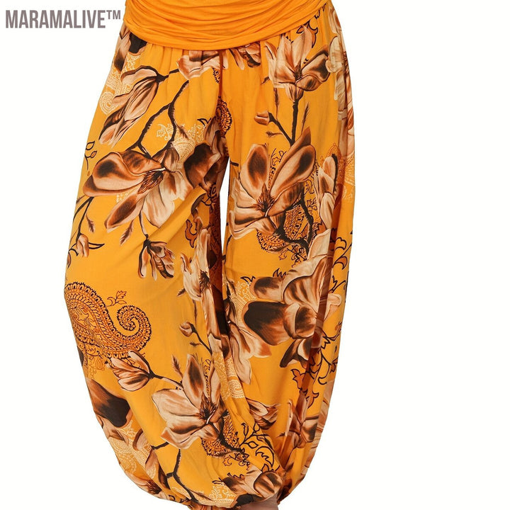 Boho Floral Print Ruched Harem Pants, Casual Bohemian Pants For Spring & Summer, Women's Clothing