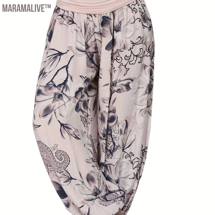 Boho Floral Print Ruched Harem Pants, Casual Bohemian Pants For Spring & Summer, Women's Clothing