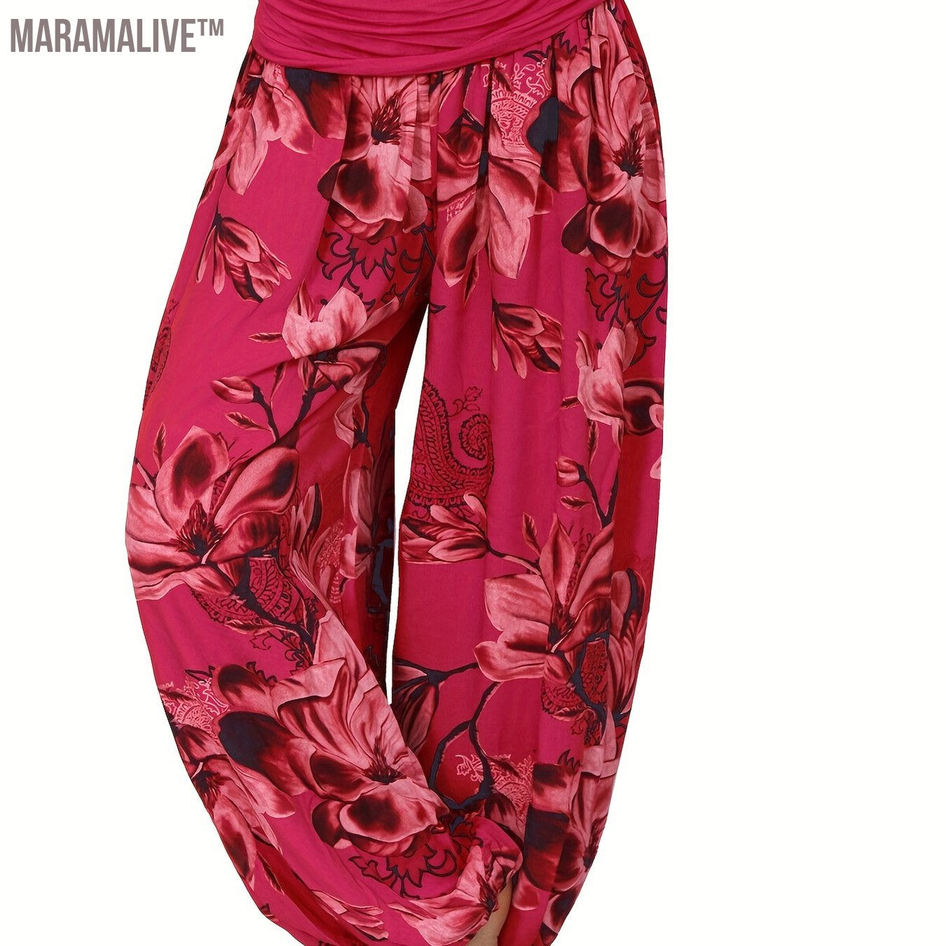 Boho Floral Print Ruched Harem Pants, Casual Bohemian Pants For Spring & Summer, Women's Clothing