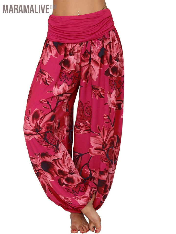 Boho Floral Print Ruched Harem Pants, Casual Bohemian Pants For Spring & Summer, Women's Clothing