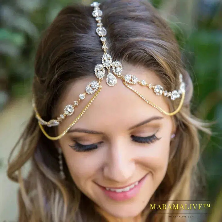 Boho Head Chain Fairy Tiara With Stone Head Jewellery for Women Bridal Wedding Crystal Forehead Headpiece Chain Party