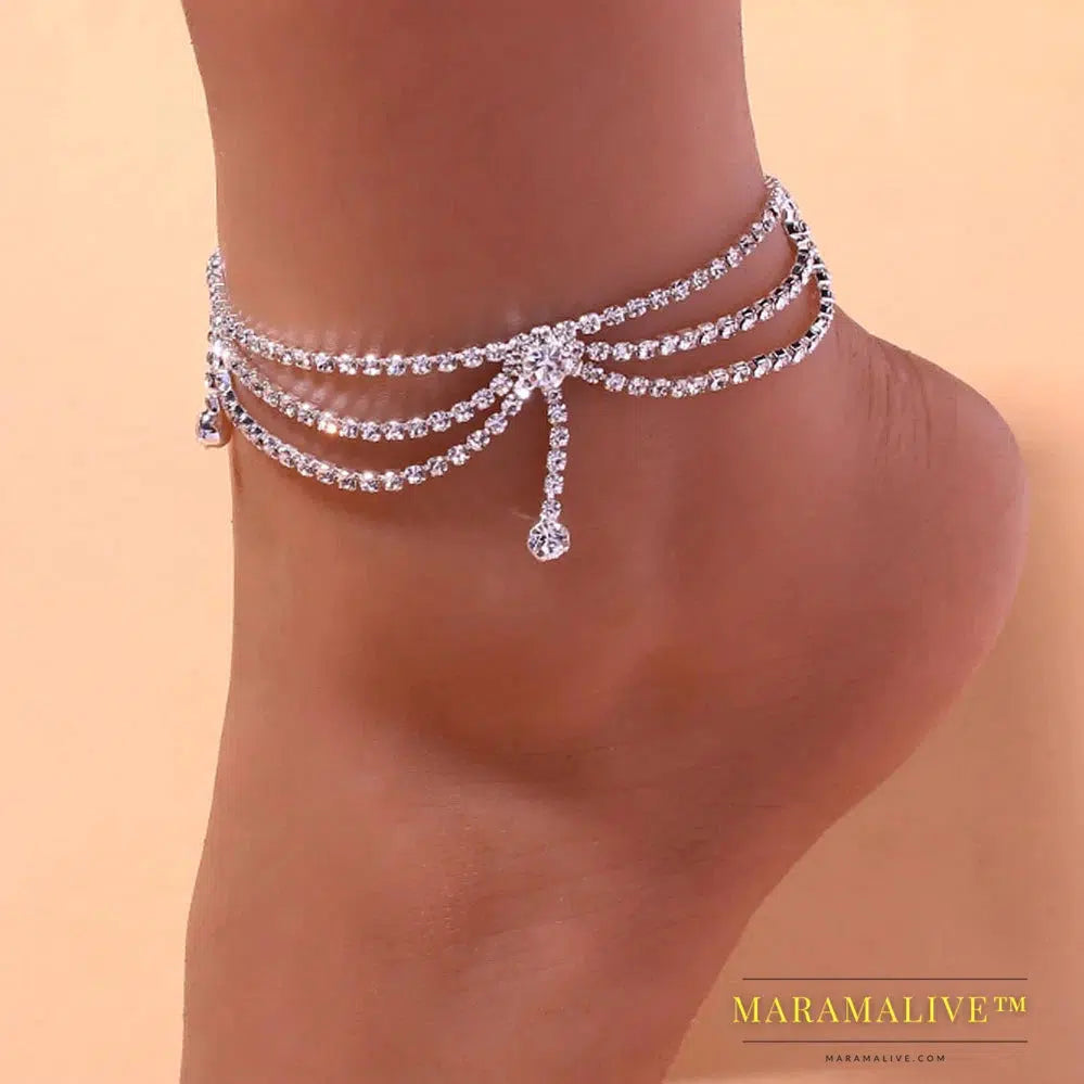 Boho Rhinestone Tennis Chain Anklet Foot Jewelry Simple Chain Leg Anklet Bracelet Beach Accessories