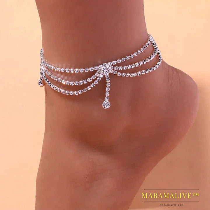 Boho Rhinestone Tennis Chain Anklet Foot Jewelry Simple Chain Leg Anklet Bracelet Beach Accessories