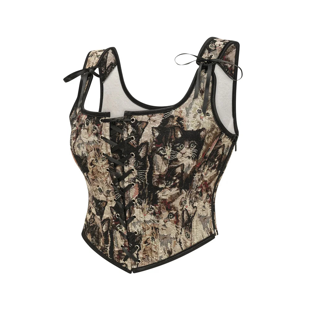 Brown Cat Print Overbust Lace Up Corset Vest - Handmade Vintage Gothic Steampunk Women's Waist Trainer