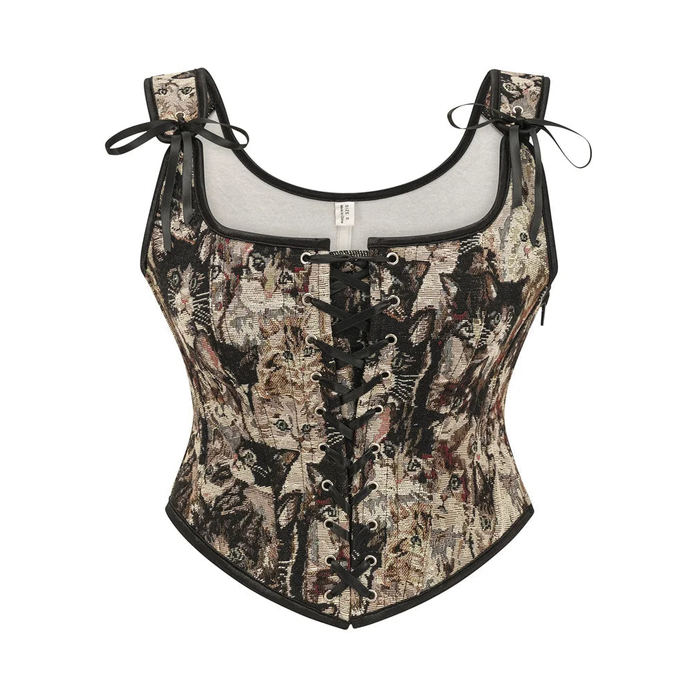 Brown Cat Print Overbust Lace Up Corset Vest - Handmade Vintage Gothic Steampunk Women's Waist Trainer