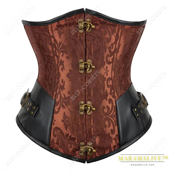 Brown Corset Women Steampunk Faux Leather Underbust Corset Steel Boned Bustier Gothic Chain Couture Corset Underbust